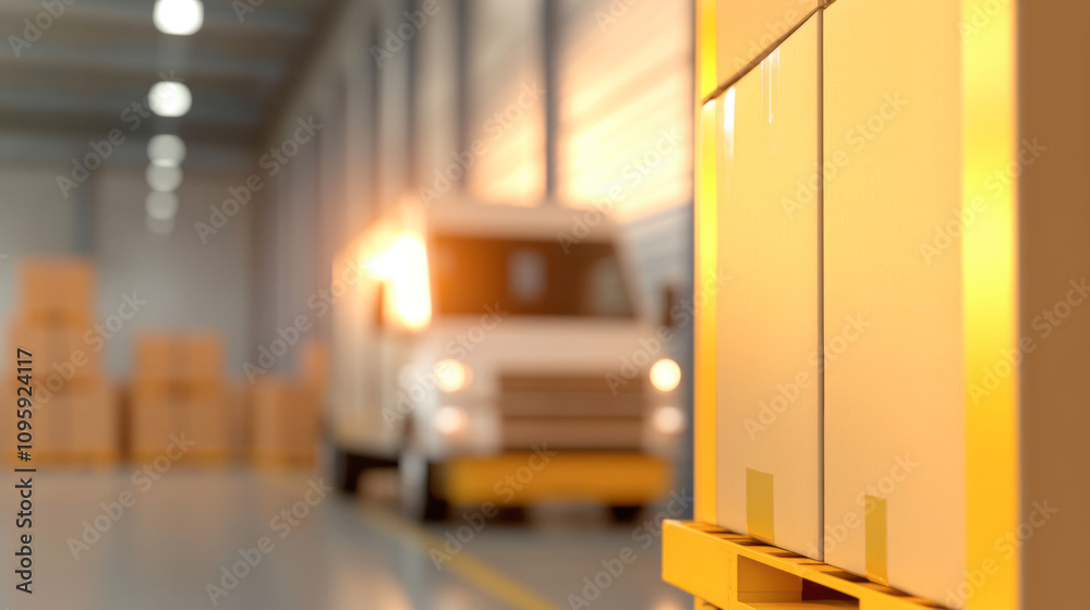 Forklift Transporting Boxes in a Warehouse During Day With Delivery Truck Parked Nearby Forklift Transporting Boxes in a Warehouse During Day With Delivery Truck Parked Nearby