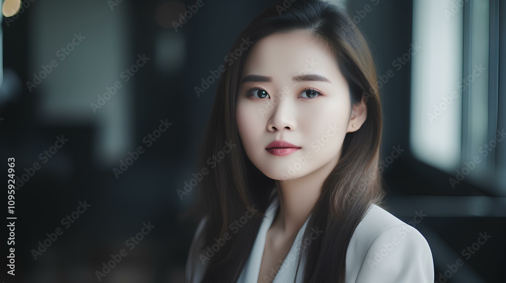 A Serene Portrait: Young Asian Woman with Dark Hair in a Thoughtful Pose Near Window, Exuding Calmness and Confidence A Serene Portrait: Young Asian Woman with Dark Hair in a Thoughtful Pose Near Window, Exuding Calmness and Confidence