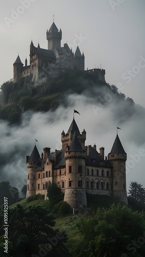 smoke, fog, an old castle, and bats