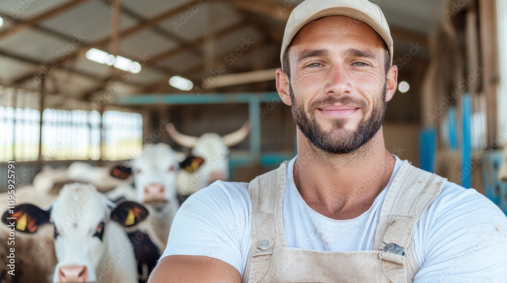 Smiling Farmer Stands Confidently in Barn With Cows, Showcasing Dedication to Agriculture and Animal Husbandry in a Serene Rural Setting