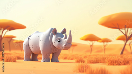Fototapeta Naklejka Na Ścianę i Meble -  cartoon of rhinoceros in forest background, free space for text