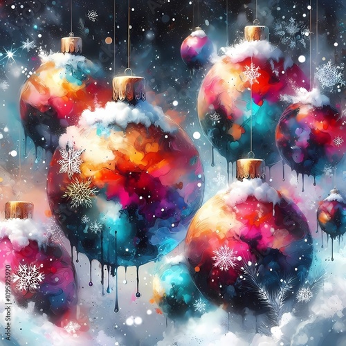 Abstract Christmas baubles with splashes of vibrant watercolor blending into snowy textures photo