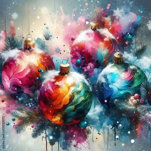 Abstract Christmas baubles with splashes of vibrant watercolor blending into snowy textures photo