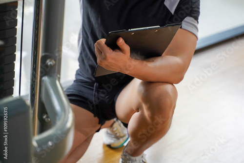 Closeup and crop Asian young officer of the gym and fitness trainer checking fitness equipment maintenance list at fitness center.