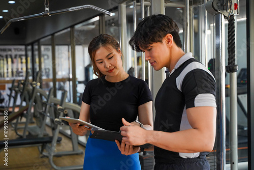 Closeup beautiful Asian young female holding tablet computer with fitness trainer talking and plan about exercise program at fitness center.