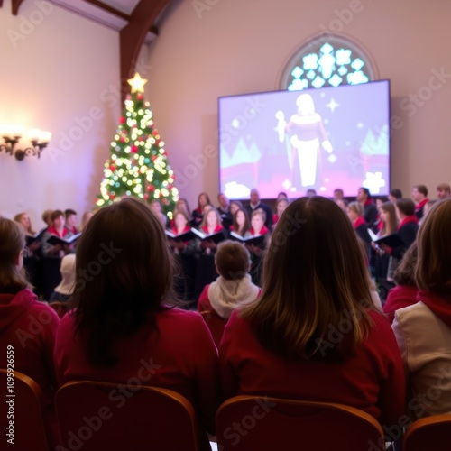Christmas choir performance in church, audience view.