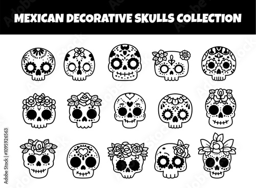 Mexican decorative skulls outline vector illustration set