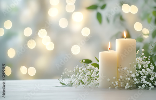 Serene wedding ceremony decor showcases two white candles glowing softly amid delicate white roses and greenery, creating an intimate, romantic ambiance under a twilight sky.