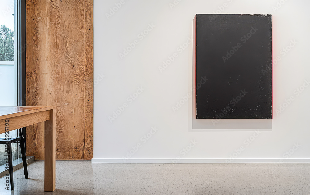 Modern art displayed on a white wall in a minimalist interior setting Modern art displayed on a white wall in a minimalist interior setting