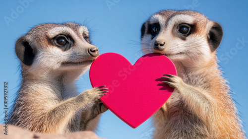 Meerkats Holding a Heart-Shaped Sign While Standing Under a Clear Blue Sky During a Sunny Day in a Natural Habitat