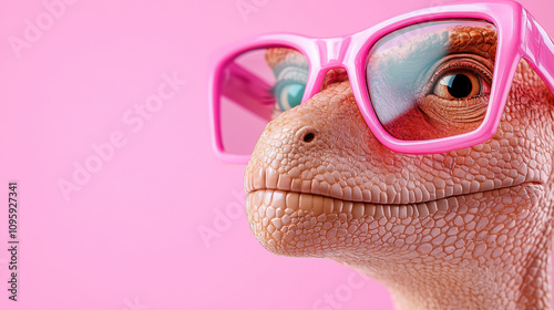Fototapeta Naklejka Na Ścianę i Meble -  Dinosaur in Pink Glasses Poses Against a Bright Pink Background, Showcasing a Playful and Quirky Character With Unique Personality Traits