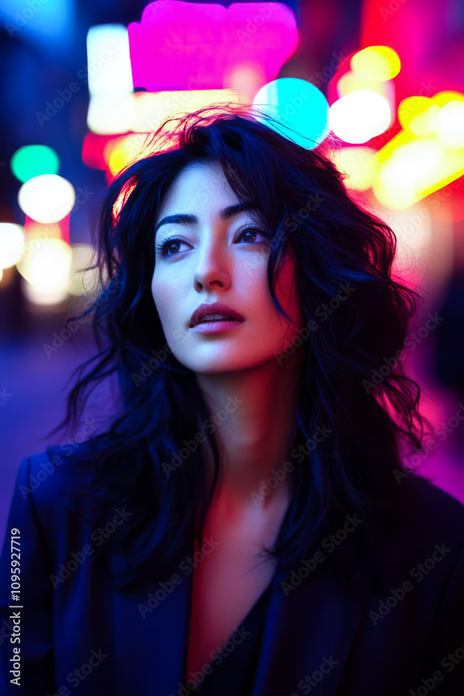 Woman with dark hair stands in vibrant neon lights at night in an urban setting Woman with dark hair stands in vibrant neon lights at night in an urban setting