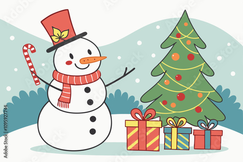 Christmas snowman with many gift boxes and decorated tree