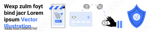 Free Download Mobile phone with shopping cart, credit card transaction, hand holding coin, security shield. Ideal for e-commerce, online payment, mobile apps, financial transactions, web shop, cybersecurity - GFXLoad