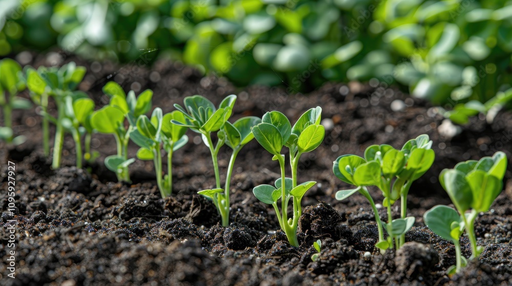 Young pea plants growing in rows. Illustrates early stages of plant growth, ideal for agriculture or gardening themes.