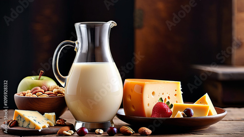 cheese and milk, products on table 