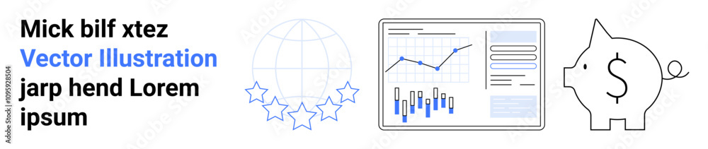 Text elements, graphical globe with stars, analytics dashboard, graph, and piggy bank. Ideal for business, finance, global markets, data analysis, performance tracking, financial planning. Landing Text elements, graphical globe with stars, analytics dashboard, graph, and piggy bank. Ideal for business, finance, global markets, data analysis, performance tracking, financial planning. Landing