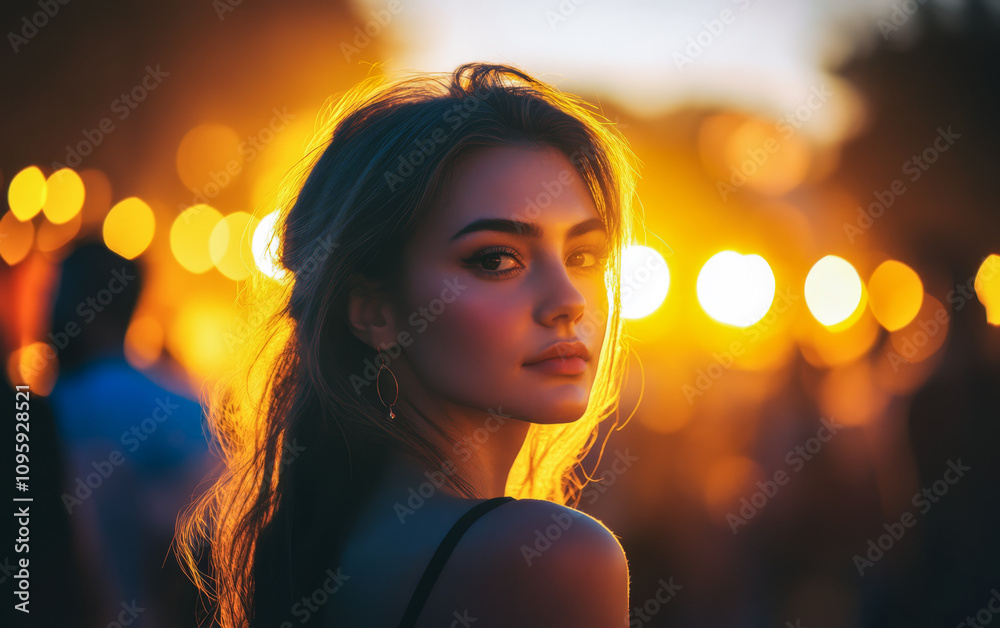 A young woman gazing during a festival at nighttime 