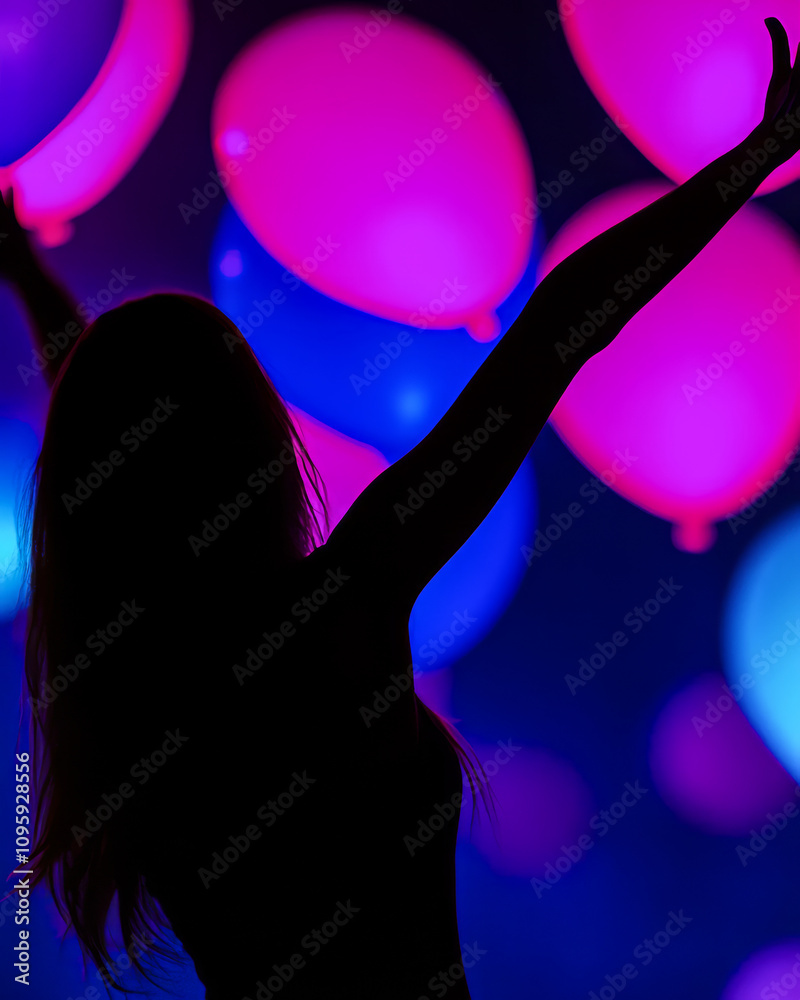 Silhouette of a woman during a celebration with colorful balloons during nighttime Silhouette of a woman during a celebration with colorful balloons during nighttime