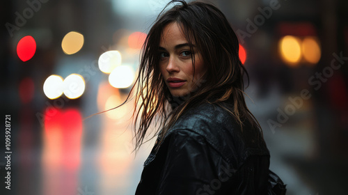 Young woman with a blurred background urban setting looking back while walking on rainy street at nighttime