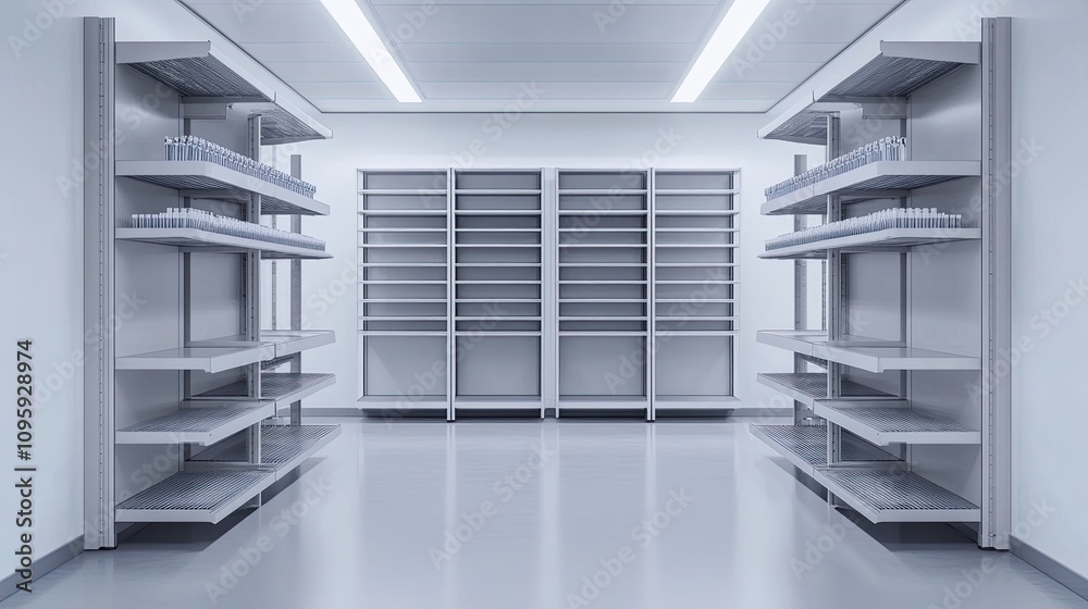 Modern Interior of an Empty Storage Room with Shelves and Lighting Modern Interior of an Empty Storage Room with Shelves and Lighting