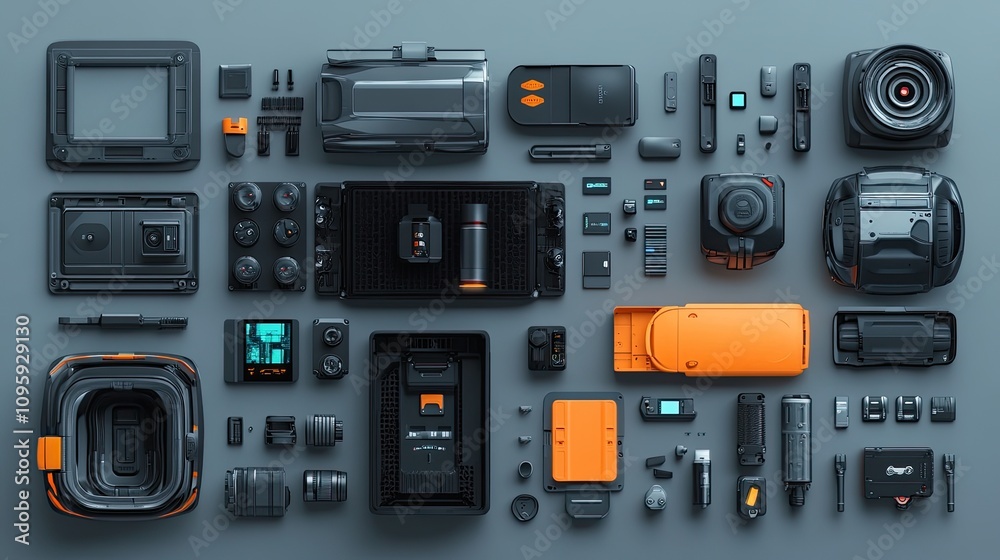 Black and Orange Camera Equipment Flat Lay on Gray Background Black and Orange Camera Equipment Flat Lay on Gray Background