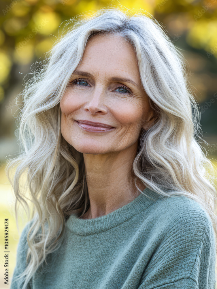 Smiling middle aged woman with long wavy hair enjoys a sunny day in a natural outdoor setting Smiling middle aged woman with long wavy hair enjoys a sunny day in a natural outdoor setting