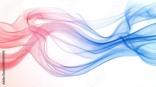 Abstract red and blue flowing smoke wave design on white background.