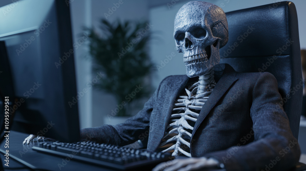Skeleton in a Business Suit Sitting at an Office Desk Working on a Computer Late at Night With Indoor Plants in the Background Skeleton in a Business Suit Sitting at an Office Desk Working on a Computer Late at Night With Indoor Plants in the Background