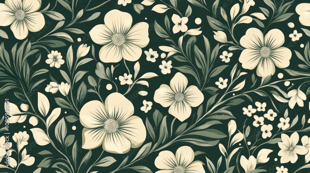 Seamless pattern of cream flowers and green leaves on dark background. Seamless pattern of cream flowers and green leaves on dark background.