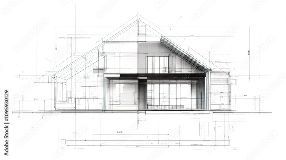 Architectural blueprint cross-section showcasing a modern house design with detailed interior and exterior elements. Architectural blueprint cross-section showcasing a modern house design with detailed interior and exterior elements.
