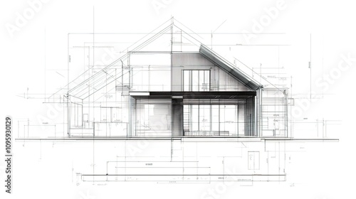 Architectural blueprint cross-section showcasing a modern house design with detailed interior and exterior elements.