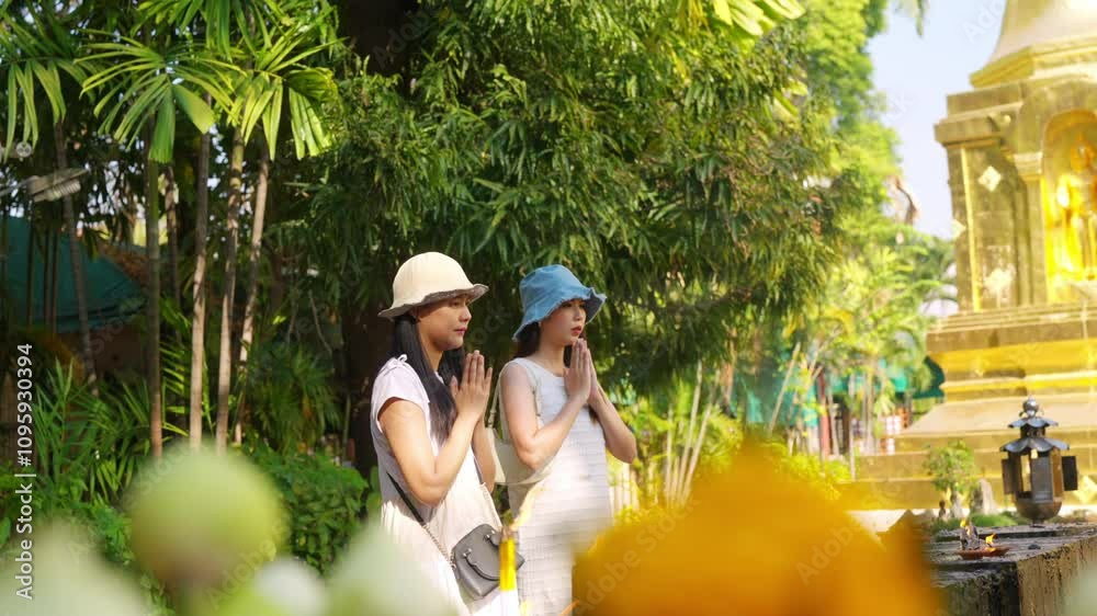Happy Asian woman friends enjoy outdoor lifestyle travel in Thailand on holiday vacation. Attractive girl tourist looking at beautiful considered ancient architecture at Buddhist temple in Chiang Mai Happy Asian woman friends enjoy outdoor lifestyle travel in Thailand on holiday vacation. Attractive girl tourist looking at beautiful considered ancient architecture at Buddhist temple in Chiang Mai