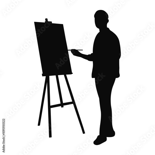 Artist Painting Silhouette on White Background, Vector Illustration.