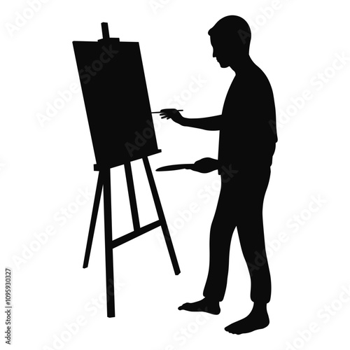 Artist Painting Silhouette on White Background, Vector Illustration.