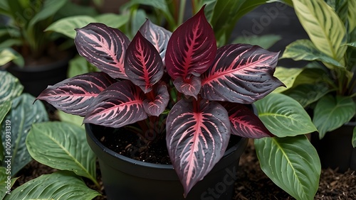 (Calathea roseopicta) Calathea 'Dottie' This eye-catching plant offers robust foliage to any indoor or outdoor location with its striking dark purple and black leaves with bright pink stripes! Light:  photo