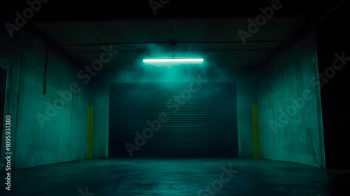 Mysterious dimly lit garage with teal light. photo