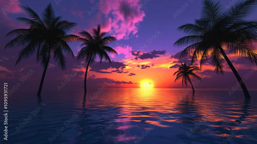 90.A beautiful sunset over a tropical beach, with palm trees in sharp silhouette against the vibrant sky. The deep colors of the setting sun reflect in the still ocean water, creating a perfect 90.A beautiful sunset over a tropical beach, with palm trees in sharp silhouette against the vibrant sky. The deep colors of the setting sun reflect in the still ocean water, creating a perfect