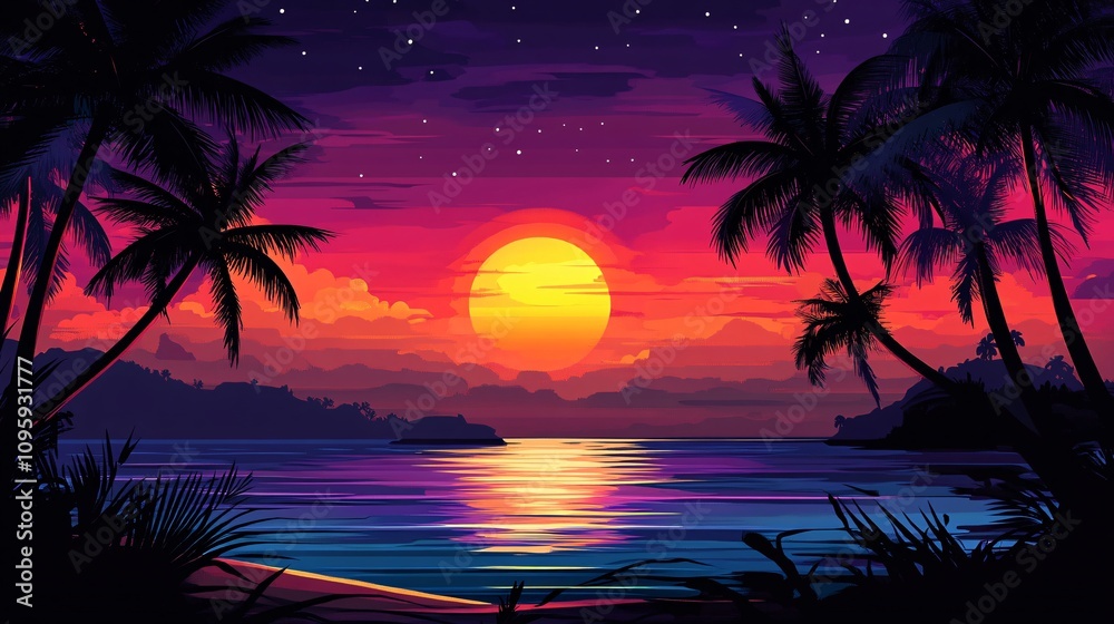 Obraz premium 90.A beautiful sunset over a tropical beach, with palm trees in sharp silhouette against the vibrant sky. The deep colors of the setting sun reflect in the still ocean water, creating a perfect