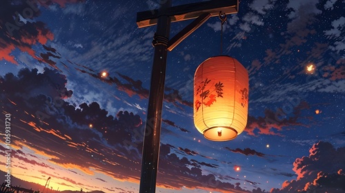 Traditional Japanese Lantern Glowing Against Vibrant Sunset Sky