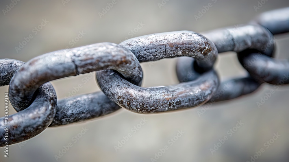 Close-up of a weathered metal chain, showing interconnected links and texture. Close-up of a weathered metal chain, showing interconnected links and texture.