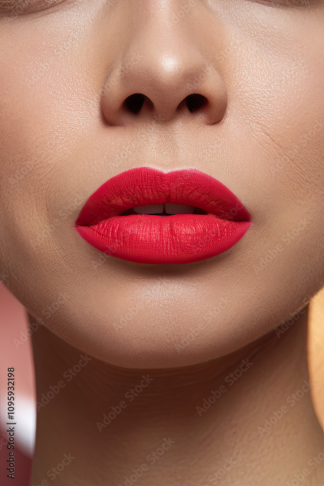 Fototapeta premium Close-up of bright red lipstick on plumped, Botox-treated lips