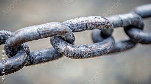 Close-up of a weathered metal chain, showing interconnected links and texture.