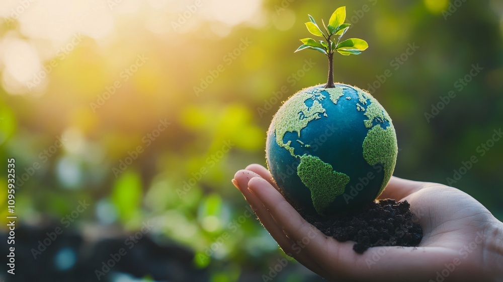 47.A detailed image of a green globe held gently in a human hand, with a small tree sprouting from the top. The scene represents eco-friendly efforts, ESG values, and the urgent need for global 47.A detailed image of a green globe held gently in a human hand, with a small tree sprouting from the top. The scene represents eco-friendly efforts, ESG values, and the urgent need for global