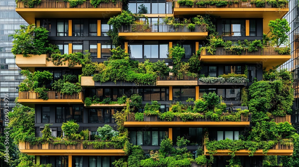 16.A detailed view of an eco-friendly European apartment complex, with greenery cascading from every balcony and rooftop. The building design emphasizes harmony with nature, using natural materials 16.A detailed view of an eco-friendly European apartment complex, with greenery cascading from every balcony and rooftop. The building design emphasizes harmony with nature, using natural materials