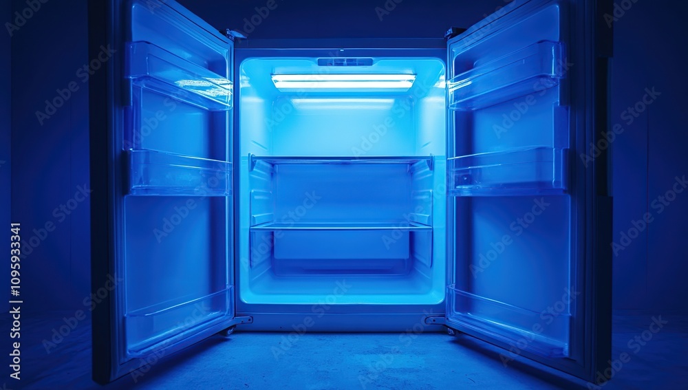 Empty Refrigerator Glowing Blue in the Dark: A Minimalist Still Life