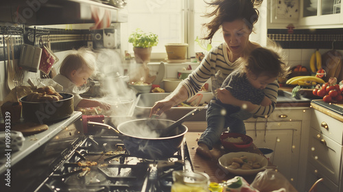 Overwhelmed Hectic Mom Juggling Cooking, Kids, and Chaos in a Comically Messy Kitchen, Capturing the Hilarious Side of Parenting. Image Made Using Generative AI