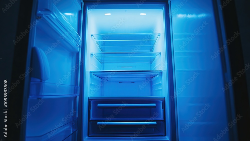 Empty Refrigerator Glowing Blue Light, Interior View Empty Refrigerator Glowing Blue Light, Interior View