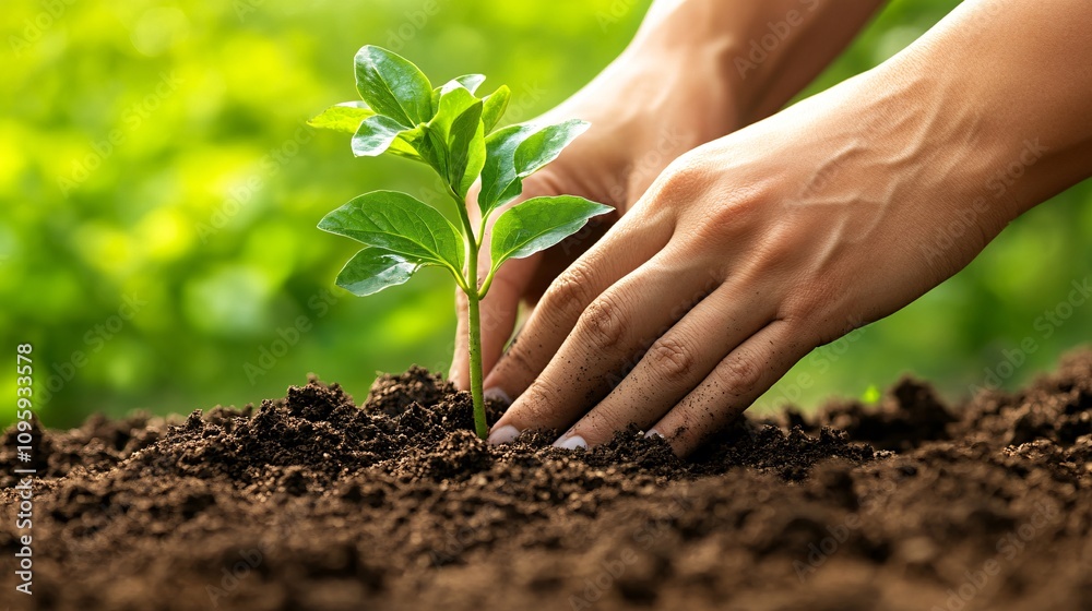 111.A close-up of a person's hands carefully planting a small sapling into the soil, surrounded by rich brown earth and vibrant green grass. The image highlights sustainability and the importance of