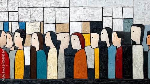 vibrant expressionist painting depicting crowd of stylized figures with distinct colors and shapes, evoking sense of unity and diversity